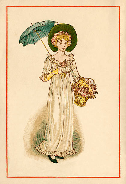 Regency-style young woman - Kate Greenaway, 1884 An illustration of a young Regency-style woman from the Kate Greenaway Almanack for 1884. The Almanack for 1884 by Kate Greenaway was published by George Routledge & Sons of London and New York.  regency style stock illustrations