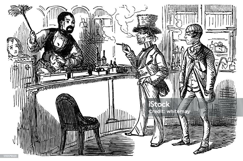 Dwa uncouth w stylu wiktoriańskim mężczyzn w barze - Zbiór ilustracji royalty-free (Barman)