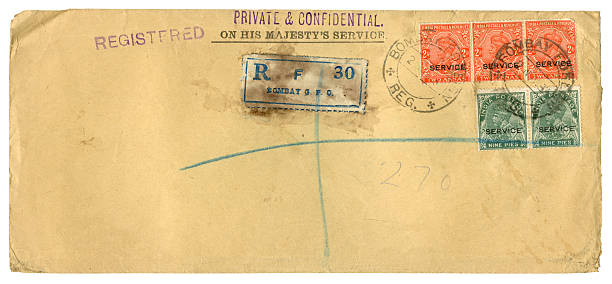 Official envelope from Bombay, India An old official envelope posted in Bombay, India, in 1934. It carries text reading “Private & Confidential”, “Registered” and “On HIs Majesty’s Service” as well as a registered post panel. The stamps carry the portrait of King George V - India was still part of the British Empire in 1934. 1934 stock pictures, royalty-free photos & images