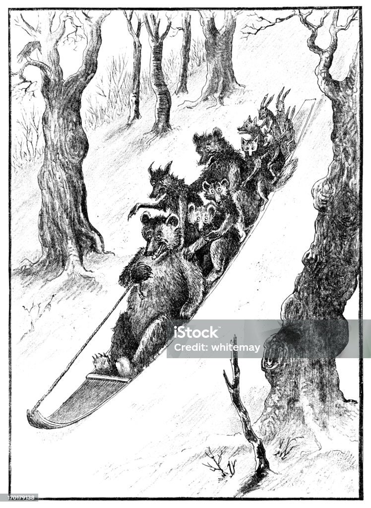 Sledge full of animals going down a snowy slope A sledge filled with various animals - bears, wolves, foxes, rabbits etc - speeding down a snowy slope, looking very excited and gleeful. Illustration from “Eight Happy Holidays” published by E.P. Dutton & Company, New York, 1882. Animal stock illustration