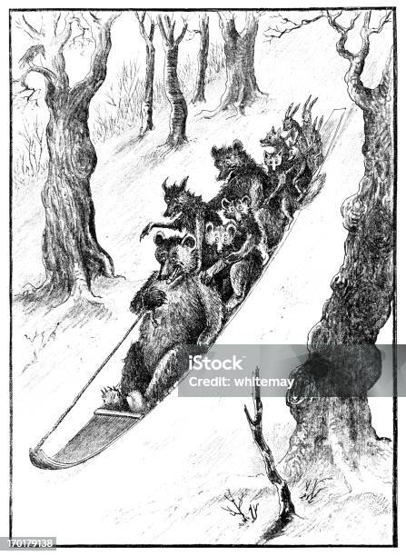Sledge Full Of Animals Going Down A Snowy Slope Stock Illustration - Download Image Now - Animal, Animal Themes, Bear