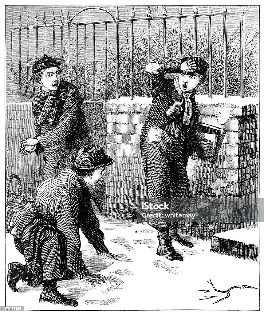 Victorian Jungen spielen SCHNEEBÄLLE - Lizenzfrei 1880-1889 Stock-Illustration