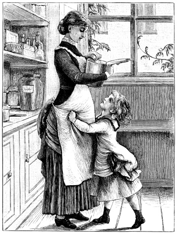 A little 19th century American girl in a kitchen, clinging on to her mother’s apron and asking for a biscuit which mother is producing from a tin. Illustration from “Eight Happy Holidays” published by E.P. Dutton & Company, New York, 1882.