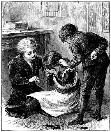 Two 19th century American boys comforting a crying girl in an indoor setting. Illustration from “Eight Happy Holidays” published by E.P. Dutton & Company, New York, 1882.