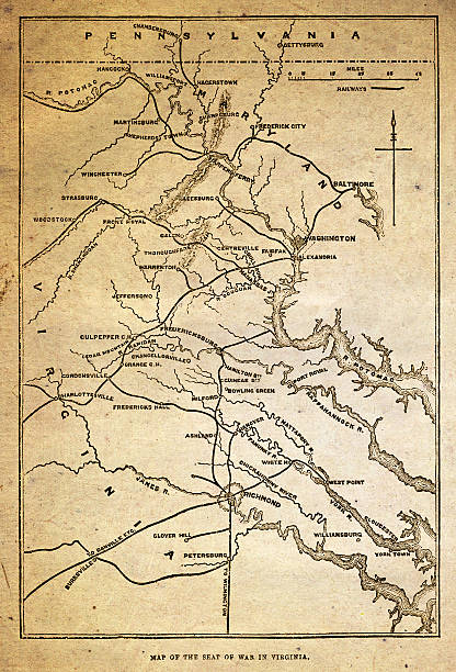 Map of the American civil war in Virginia A map of the 'seat' of American civil war in Virginia from ”The Leisure Hour”, a British “Journal of Instruction and Recreation”. This edition was published in May 1864. Virginia was one of the Confederate States during the Civil War of 1861-65. potomac river photos stock illustrations
