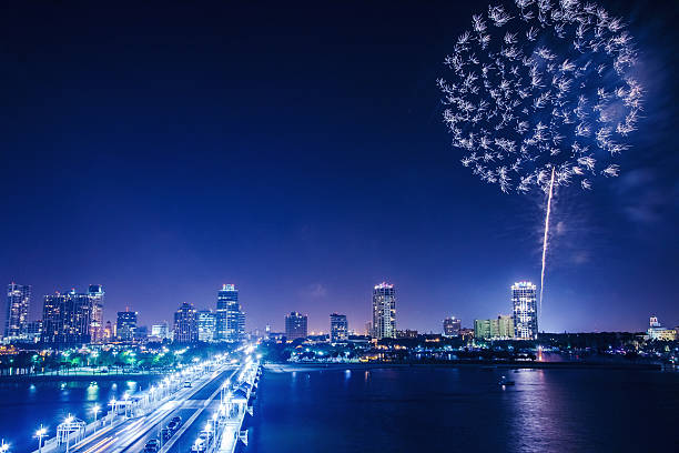 Blur background landscape thailand countdown showing flowers fireworks bright nice viewing over buildings towers city in midnight new year. Shiny light fireworks festival modern city on dark sky night