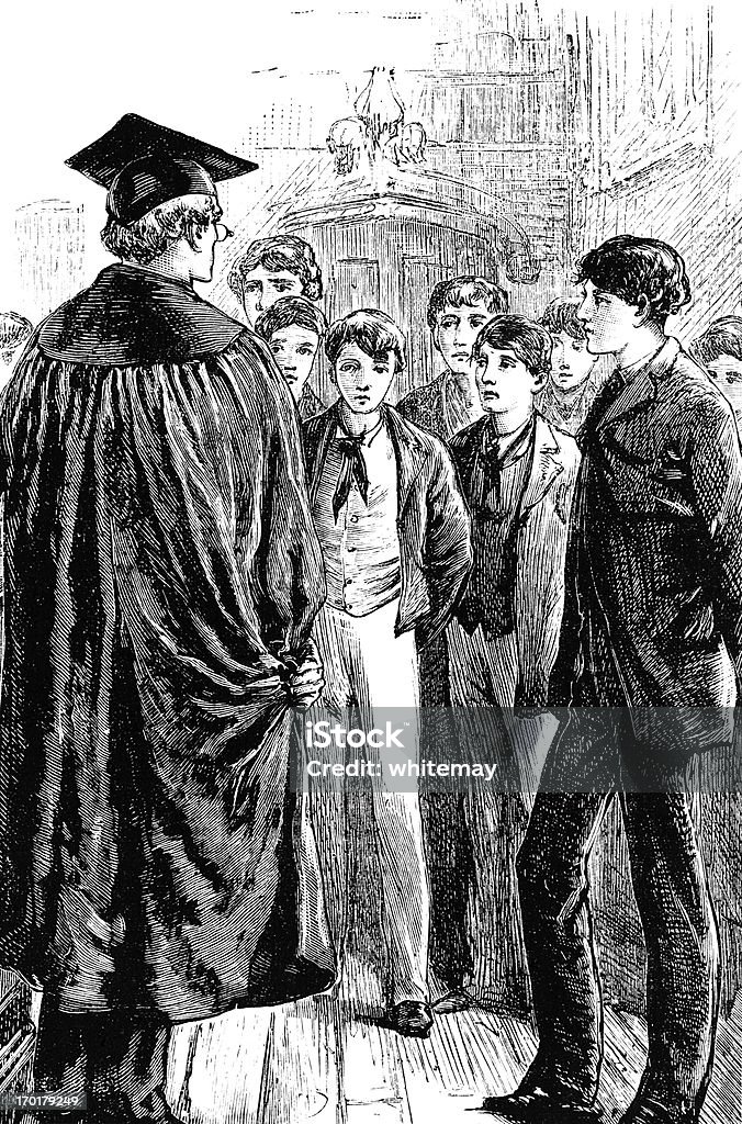 Schoolboys mirando chastened antes de un profesor - Ilustración de stock de 1850-1859 libre de derechos
