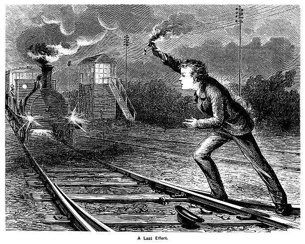 A brave or foolhardy young man trying to stop a steam train at night by waving a flare in front of it. His hat has fallen on the railway line, almost certain to be crushed - and he is in imminent danger of joining it. From ‘The Boy’s Own Paper’ 1879-80, a British newspaper for boys which was at that time published by the Religious Tract Society and which featured stories, heroic deeds, facts, educational items and illustrations.