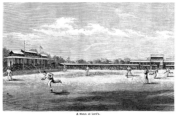Cricket at Lord's c1855 A cricket match taking place at Lord’s cricket ground in St John’s Wood, London. The home of Marylebone Cricket Club, (the MCC), it is considered to be the ‘home’ of cricket. The current ground is not the original, which was established nearby by Thomas Lord in 1787, but the first known match to be held on the current ground - the ground in this engraving - was held in 1814. From ‘The Boy’s Own Paper’ 1879-80, a British newspaper for boys which was at that time published by the Religious Tract Society and which featured stories, heroic deeds, facts, educational items and illustrations. cricket team stock illustrations