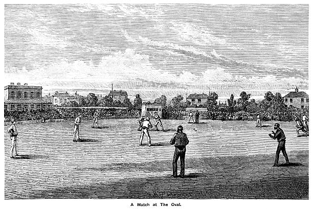 에서의 크리켓 경기장 c1855 - sport of cricket cricket player fielder sport stock illustrations