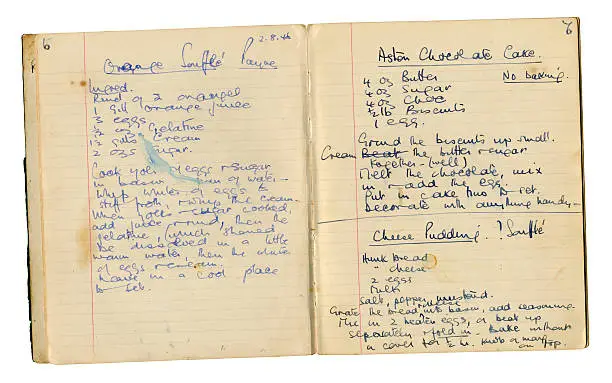 Handwritten recipes in an old cookery book - Orange Souffle, Aston Chocolate Cake and Cheese Pudding.