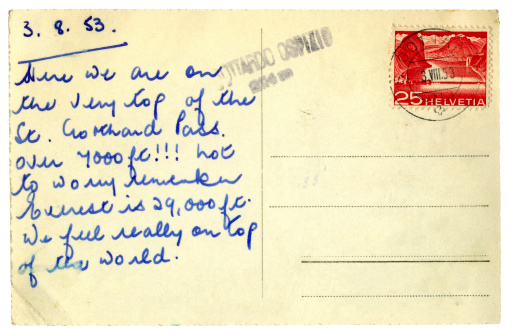 A postcard sent from the top of the St Gotthard Pass in 1953, to the great excitement of the writer!
