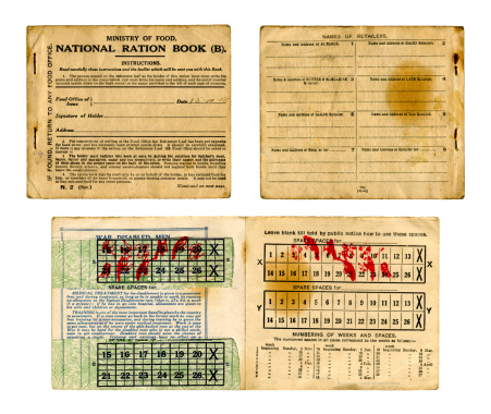 An old British Ministry of Food National Ration Book dated 1918 - front and back covers plus two inside pages with coupons. Rationing started in 1917 with butter and sugar being rationed until 1920. Names, numbers and identifying details have been removed.