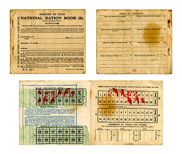 Old British Food Ration book from 1918 An old British Ministry of Food National Ration Book dated 1918 - front and back covers plus two inside pages with coupons. Rationing started in 1917 with butter and sugar being rationed until 1920. Names, numbers and identifying details have been removed. 1918 stock pictures, royalty-free photos & images
