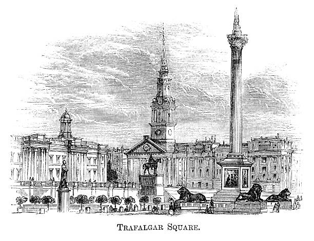 illustrazioni stock, clip art, cartoni animati e icone di tendenza di trafalgar square (1871 incisione - lion statue london england trafalgar square