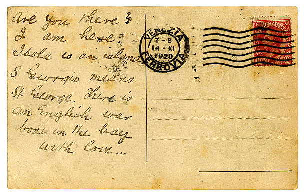 Postcard from Venice, 1920 "Are you there? I am here." Rather strangely-worded holiday postcard sent from Venice in 1920. postmark photos stock pictures, royalty-free photos & images