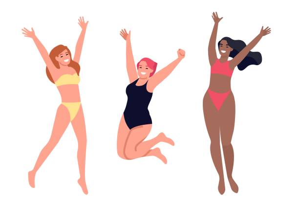 ilustrações, clipart, desenhos animados e ícones de mulheres bonitas de biquíni. grupo de diferentes nacionalidades saltando alegremente. pulando meninas na praia. mulheres alegres em trajes de banho. férias de verão. diversidade humana. conceito vetorial - fun tourist resort beach group of people