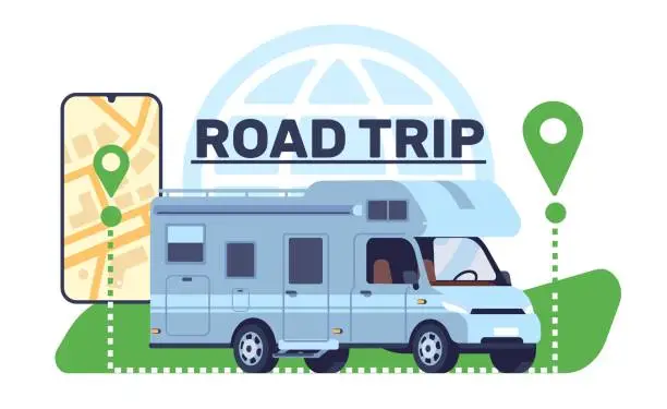 Vector illustration of Road trip in motor home around world. Mobile navigation application. Automobile camping van. Map pins. Summer vacation by caravan camper. Car adventure. Driving route. Vector concept