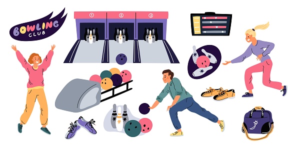 Bowling club elements. Cartoon players. Happy bowlers play. Alleys and skittles. People throwing balls. Game competition. Special shoes and electronic scoreboard. Knocking out pins. Garish vector set