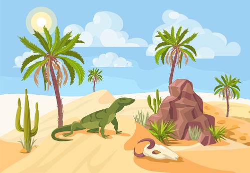 Desert landscape. Dry and hot climate zone. Monitor lizard sits on sand dune. Sahara nature. Palm trees and cacti. Sandstone and skull. Drought panorama. Wild reptile animal. Splendid vector concept