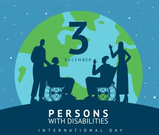 Vector illustration of International Day card. Persons with medical disabilities poster. People silhouettes in wheelchairs on globe background. World accessibility for handicapped men and women. Vector concept