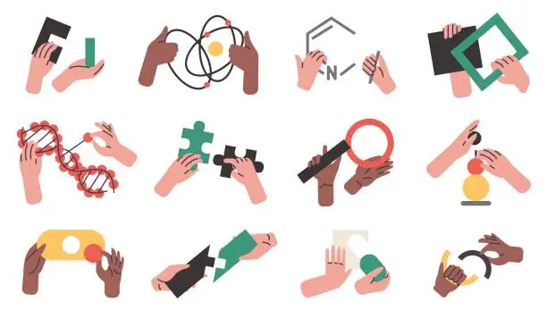 Vector illustration of Hands with puzzles. Abstract geometric shapes. People collect piece things together. Human arms holding figures. DNA helix. Logical jigsaw. Scientific elements. Vector brainteasers set