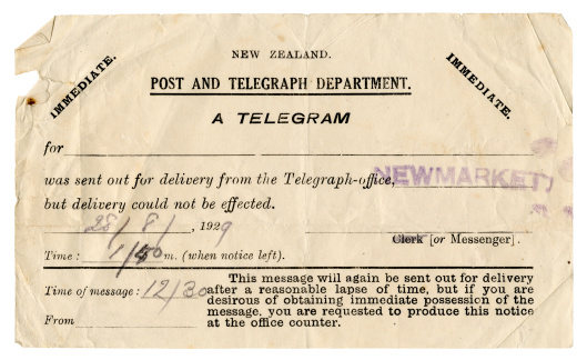 A form left by New Zealand Post and Telegraph Department at an address where they were unable to deliver a telegram in 1929. Identifying details removed.