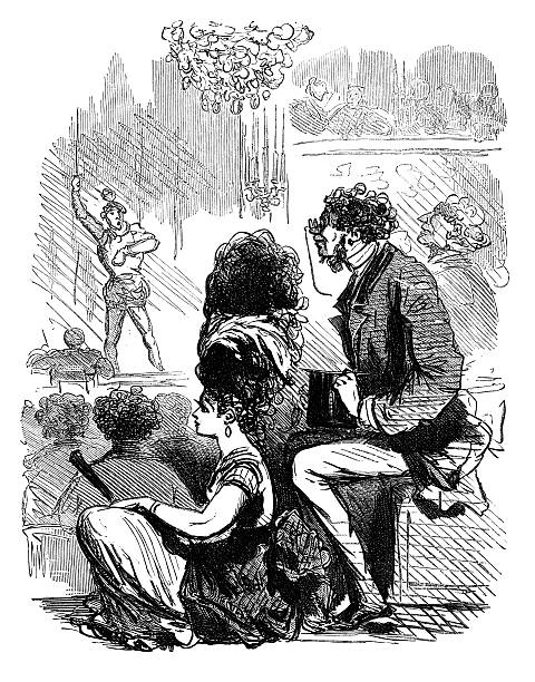 Coiffure problems at the opera This fashionable lady's elaborate up-do causes problems for a fellow opera-goer and he obliges her to sit upon the floor so that he can see! One of a series of cartoons about elaborate hairstyles from "Almanach Pour Rire, 1870" a French almanack published in Paris by Pagnerre in 1869, containing humorous sketches and useful facts. This particular edition (the 21st year) would have appeared shortly before the start of the Franco-Prussian War. woman beehive stock illustrations