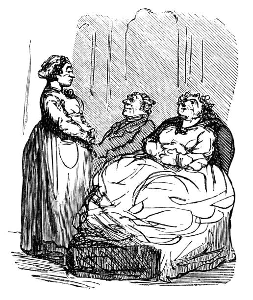 Middle-aged couple with a senior woman A middle-aged couple with an old woman. It looks as though the man is trying to wheedle his wife into something she doesn't want to do, while the old woman (probably her mother-in-law!) lies back, looking faintly smug. A cartoon from "Almanach Pour Rire, 1870" a French almanack published in Paris by Pagnerre in 1869, containing humorous sketches and useful facts. This particular edition (the 21st year) would have appeared shortly before the start of the Franco-Prussian War. annoying mother in law stock illustrations