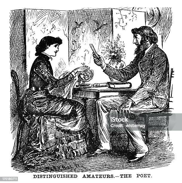 Ilustración de Victorian Man Reading Poesía Para Su Esposa y más Vectores Libres de Derechos de Historia - Historia, Máquina de coser, 1880-1889