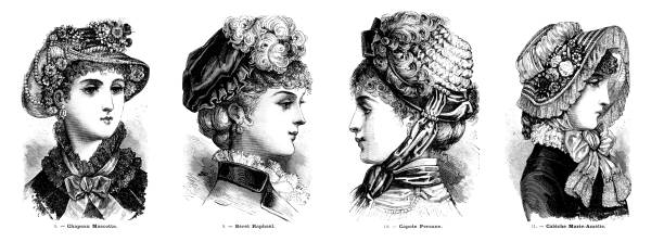 Illustrations of four French hats styles from 1881 Designs for four hats from the French fashion periodical 'Le Salon de la Mode', dated 1881. caleche stock illustrations