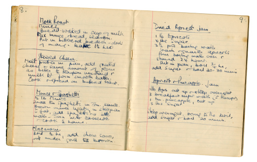 Pages from an old 1940s handwritten recipe book, for Mock Roast, Stewed Cheese, Mince & Spaghetti, Macaroni Cheese, Dried Apricot Jam and Apricot & Pineapple Jam. These recipes date from just after World War Two, when food was still rationed and ingredients were often rather makeshift.