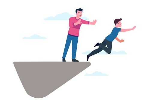 Betrayal or competition at work. Man throwing another off cliff. Workers challenge. Guy pushing colleague down mountain. Dishonesty rival. Competitor eliminate. Male falling from rock. Vector concept