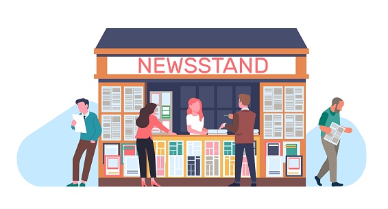 People buy newspapers and magazines from street kiosk and read them. News booth. Newsstand selling journals and books. Small business. Outdoor press shop showcase. Road trade stall. Vector concept