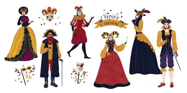 Vector illustration of People in Venice masquerade costumes. Male and female characters in Venetian masks. Carnival participants. Mardi Gras festival. Italian performance elegant clothing. Garish vector set