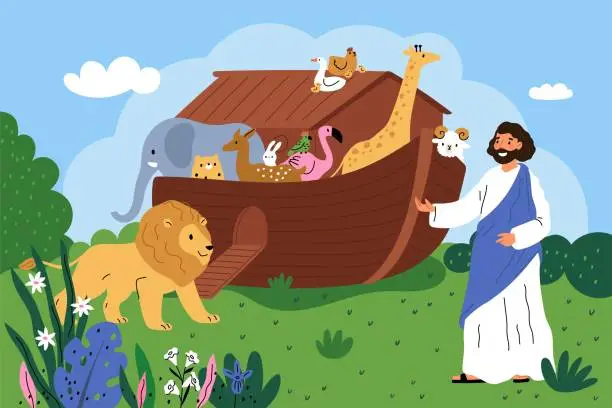 Vector illustration of Biblical scene. Old testament. Noah ark with wild animals. Bearded man in tunic gathers fauna characters on ship. Wooden boat. Christian religion. Gospel legend. Garish vector concept