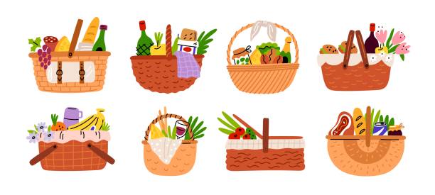 ilustrações de stock, clip art, desenhos animados e ícones de picnic baskets with food. cartoon wicker containers full of delicious. lunch in nature. outdoor eating. products hampers. wine bottles. bread with sausage and cheese. garish vector set - basket apple wicker fruit