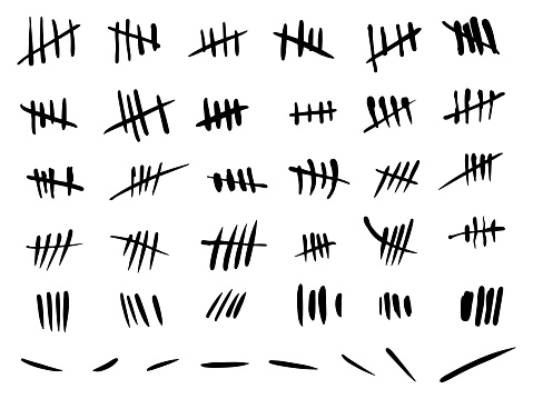 Crossed out tally marks. Black lines with slash. Prison wall counting method. Strikethrough signs. Time counter. Isolated rough strokes. Mathematical score. Hand drawn primitive elements vector set