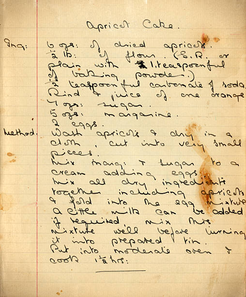 Recipe for Apricot Cake An old handwritten recipe for apricot cake. recipe stock pictures, royalty-free photos & images