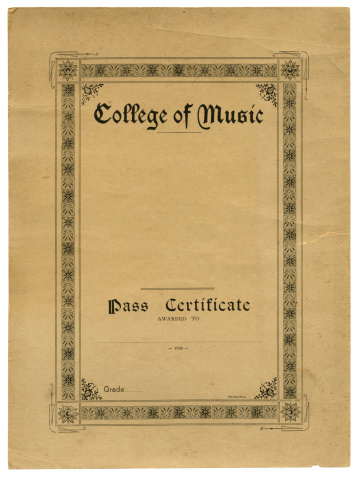 An old music examination 'pass' certificate, from around 1900, issued by a music college. All identifying details removed for you to add your own text.