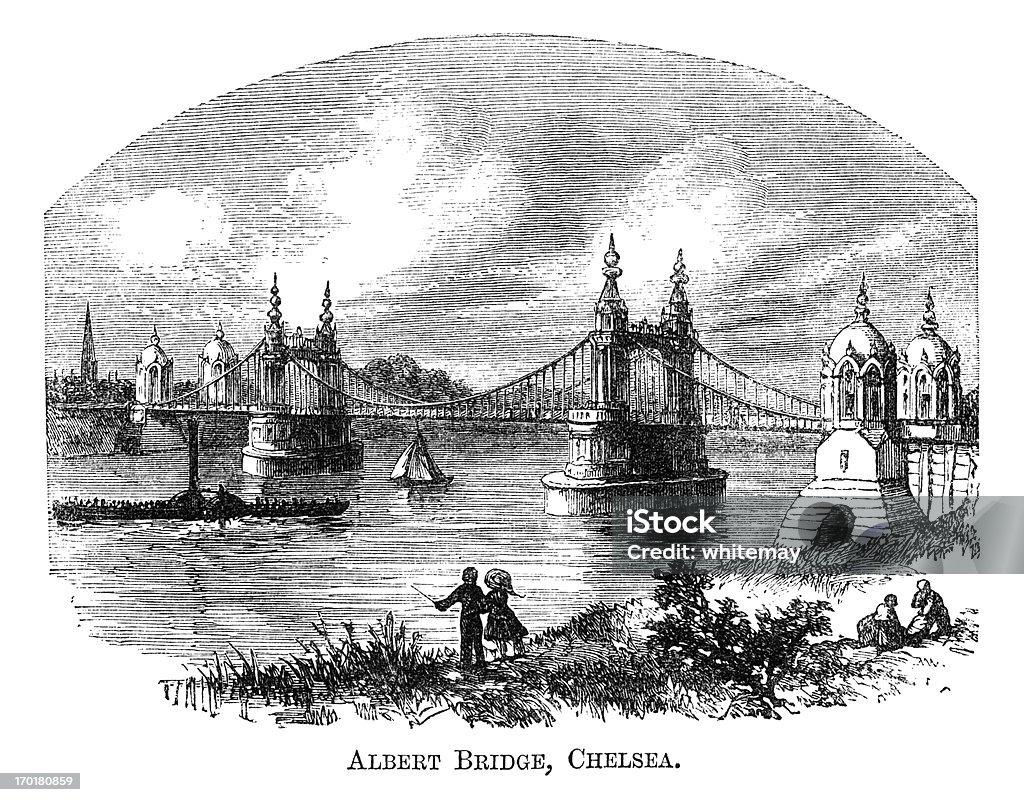 アルバートブリッジ、チェルシー、ロンドン（1871 彫り込み - 1870～1879年のロイヤリティフリーストックイラストレーション