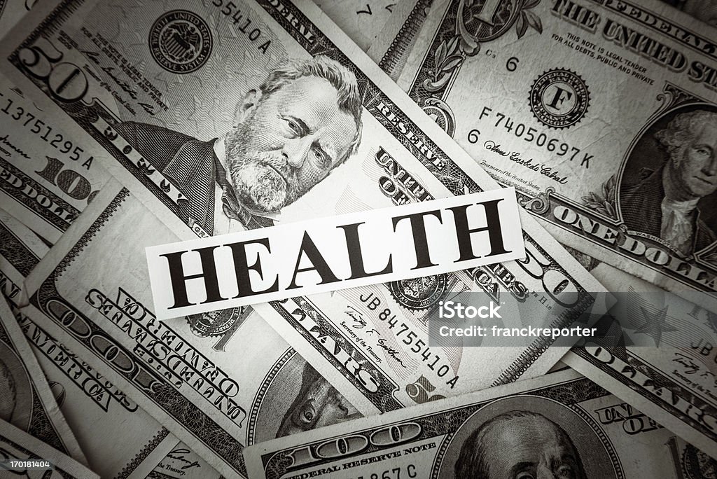 Tekst stanu zdrowia z grupą Dolary amerykańskie - Zbiór zdjęć royalty-free (Banknot)