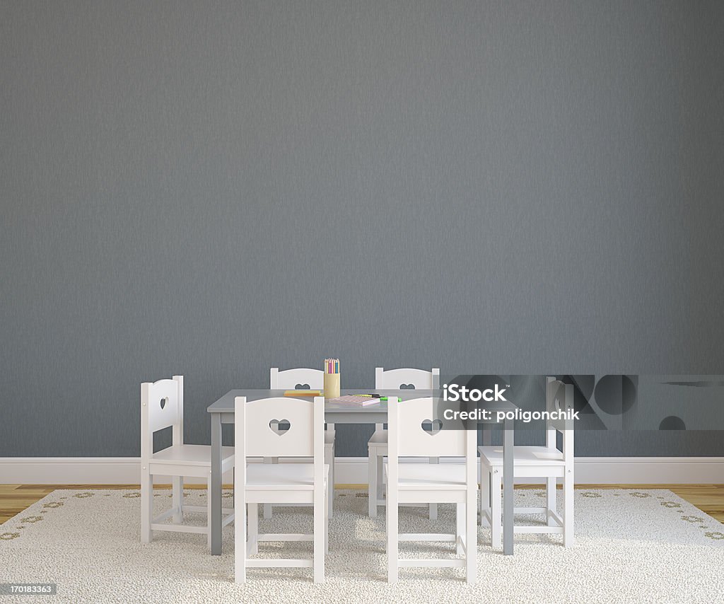 A gray table with six white chairs in a playroom Playroom interior with child table and chairs. 3d render. Playroom Stock Photo