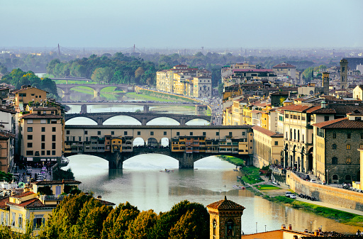 Ponte Vecchio and Florence Skyline, Tuscany, Italy. Aerial view. Toned Image.