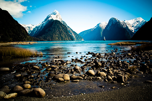 View of the Milford sound mountains, in New Zealand.