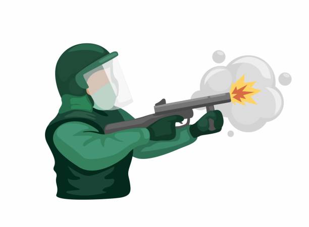 ilustraciones, imágenes clip art, dibujos animados e iconos de stock de army shot tear gas weapon cartoon illustration vector - military uniform barricade boundary police uniform