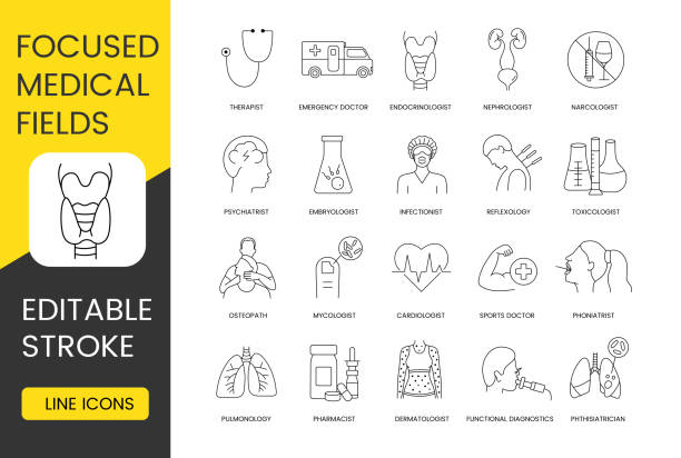 bidang medis terfokus, set ikon profesi medis, stroke yang dapat diedit, pulmonologi dan dokter kulit, ahli jantung dan infeksi, ahli endokrinologi dan embriologi, darurat dan dokter, terapis - dokter endokrinologi ilustrasi stok