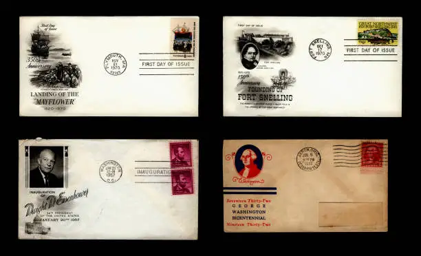 Four commemorative envelopes from the USA : 350th anniversary of the landing of the Mayflower, 150th anniversary of the founding of Fort Snelling, inauguration of Dwight D. Eisenhower and the bicentenary of the birth of George Washington.