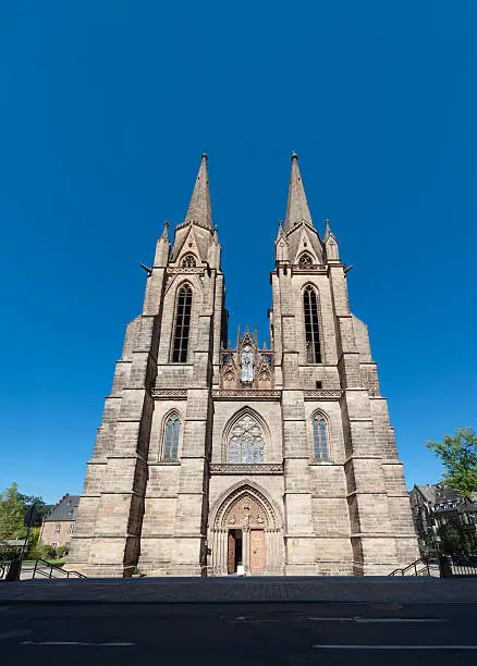 The famous gothic church Elisabethkirche (St. Elizabeth church) in Marburg, Germany. The church used to house the relics of St. Elizabeth and has the grave of the German president Von Hindenburg.