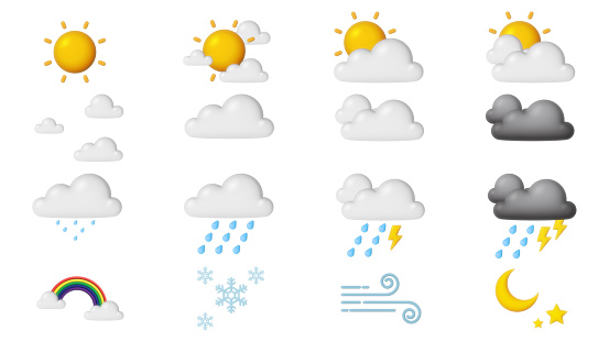 Set of weather icons isolated on white background. realistic objects. Plasticine style. 3D.